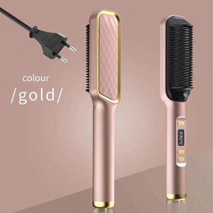 Hair Straightening Brush with LED Temperature Display & Anti-Scald Protection | 360° Rotating Cable