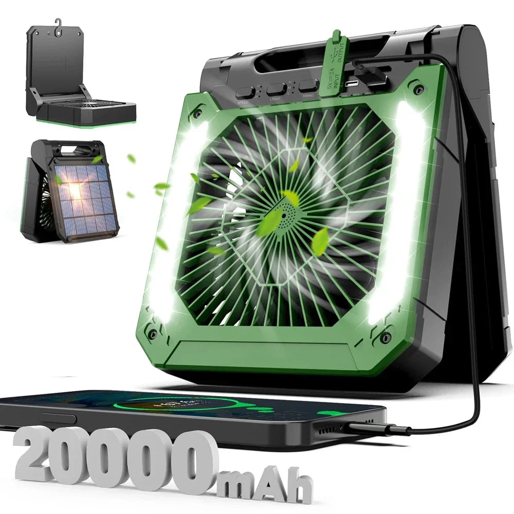 Portable 20000mAh Electric Fan with LED Light - USB, Solar & Car Charging for Camping