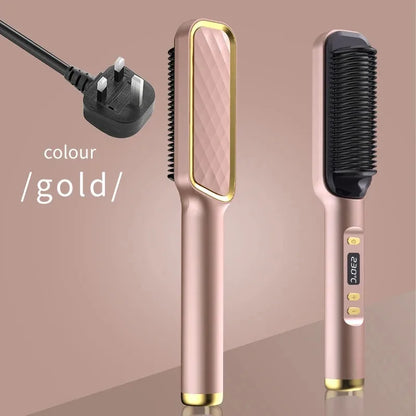 Hair Straightening Brush with LED Temperature Display & Anti-Scald Protection | 360° Rotating Cable