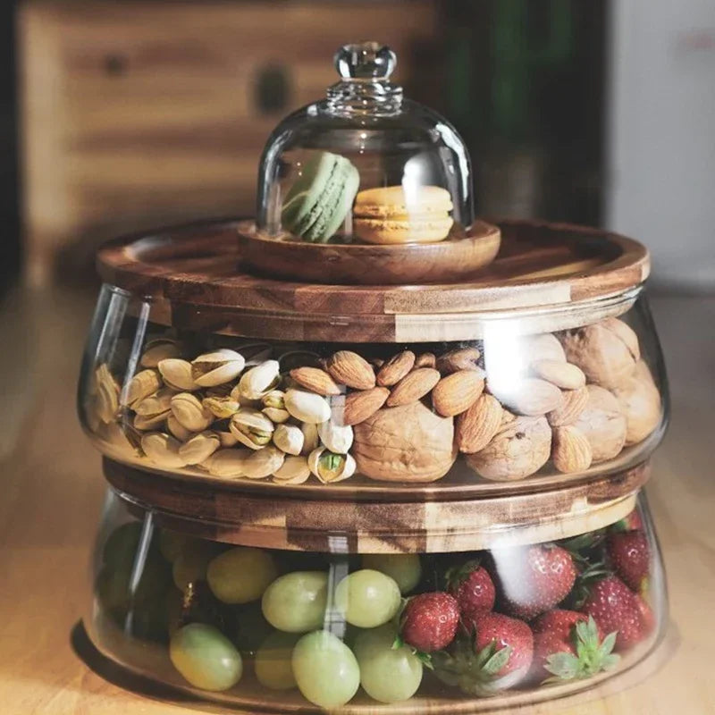 Glass and Acacia Wood Multi-Tier Serving Stand with Lid for Snacks