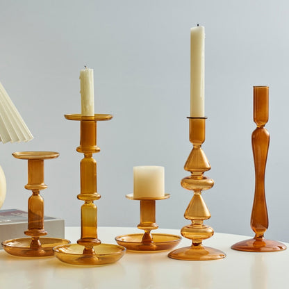 Contemporary Glass Candle Holder in Amber Color