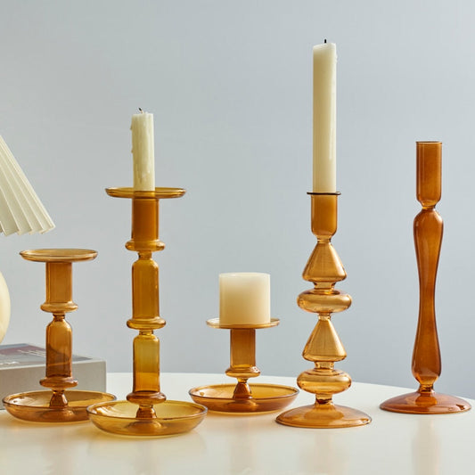 Contemporary Glass Candle Holder in Amber Color