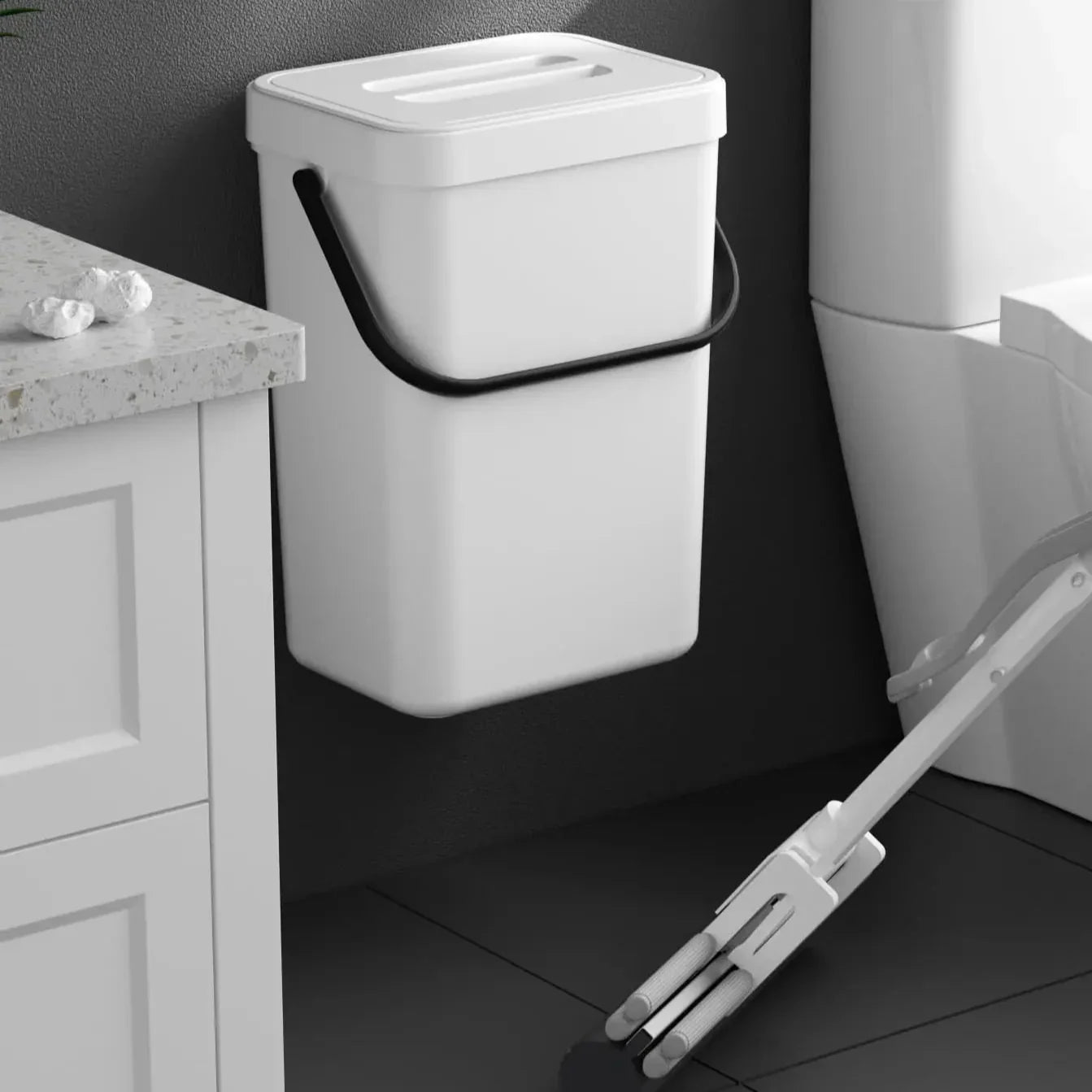 Compact Hanging Mini Trash Bin with Lid and Carry Handle for Kitchen and Bathroom