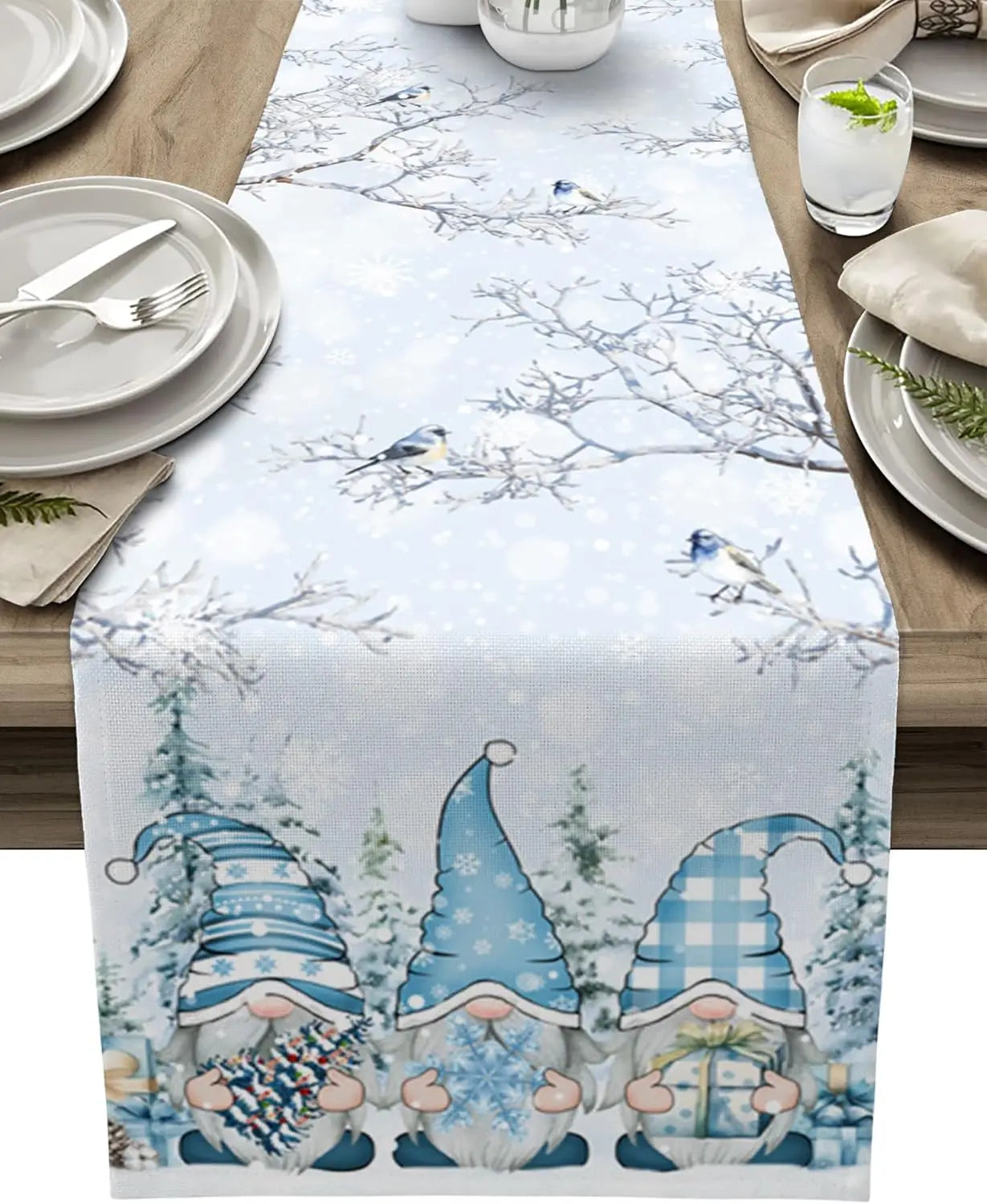 Christmas Table Runner – Luxurious Linen Runner with Snowflake and Gnome Design