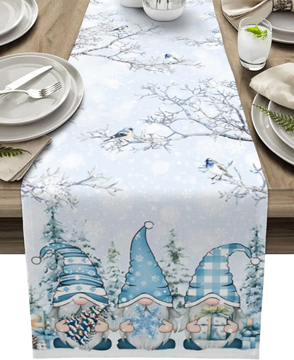 Christmas Table Runner – Luxurious Linen Runner with Snowflake and Gnome Design