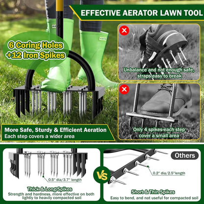 Manual Lawn Aerator with Carbon Steel | 16 Spikes & 8 Hollow Tines | For Healthy Grass and Garden