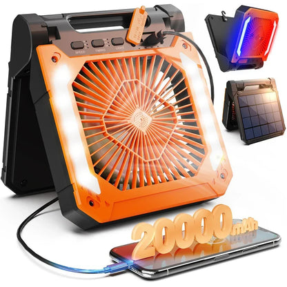 Portable 20000mAh Electric Fan with LED Light - USB, Solar & Car Charging for Camping
