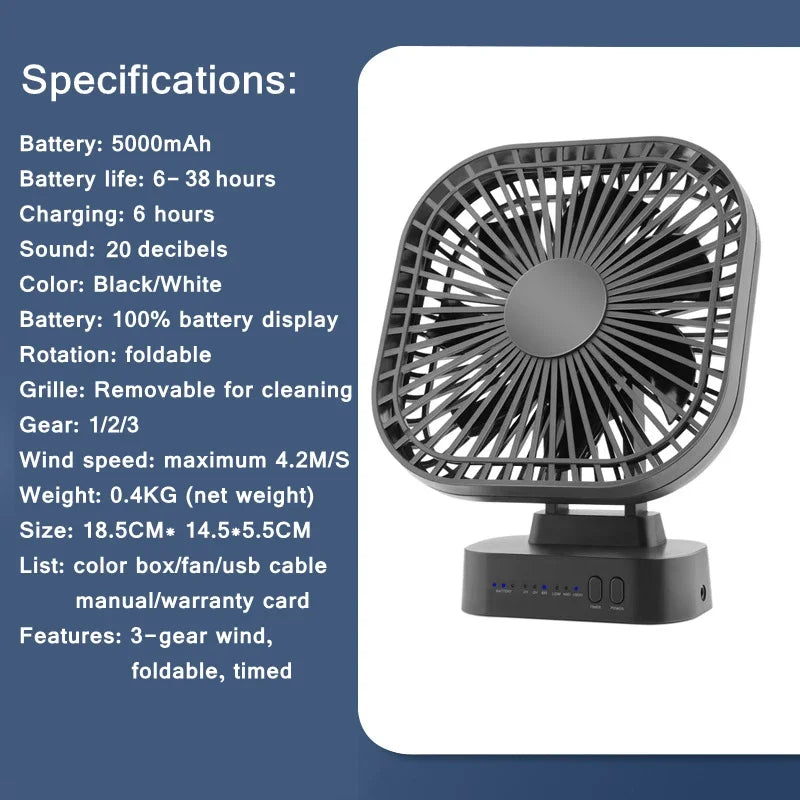 Compact Cordless Fan - 38 Hours Runtime, Flexible and Quiet
