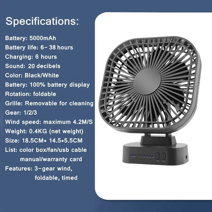 Compact Cordless Fan - 38 Hours Runtime, Flexible and Quiet