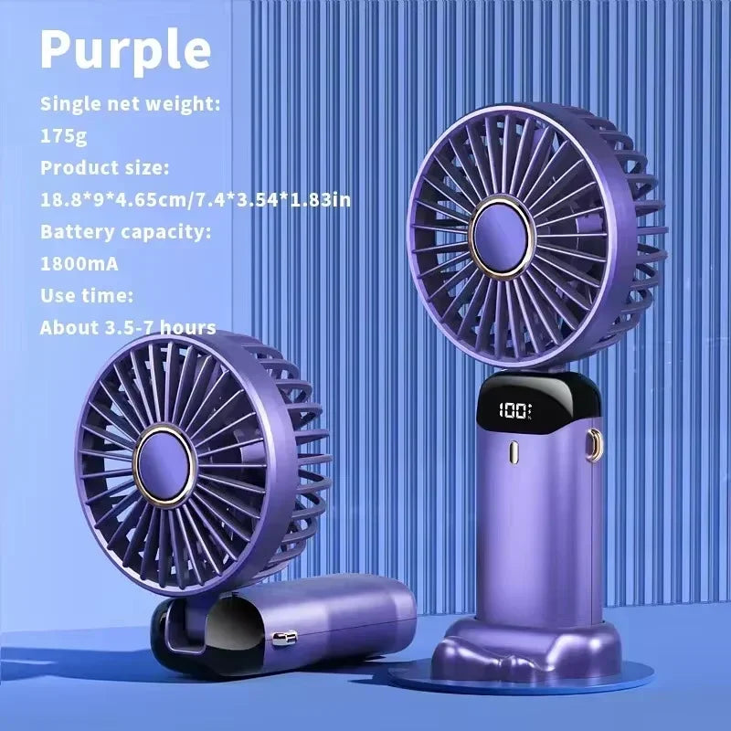 Compact Fan with 5 Speed Settings | 3000 mAh Rechargeable Battery | Foldable Design with LED Display