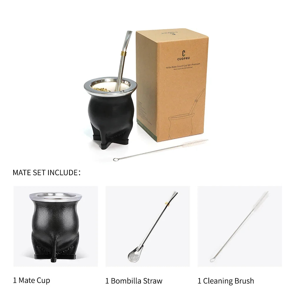 Porcelain Yerba Mate Gourd with Bombilla Straw and Cleaning Brush