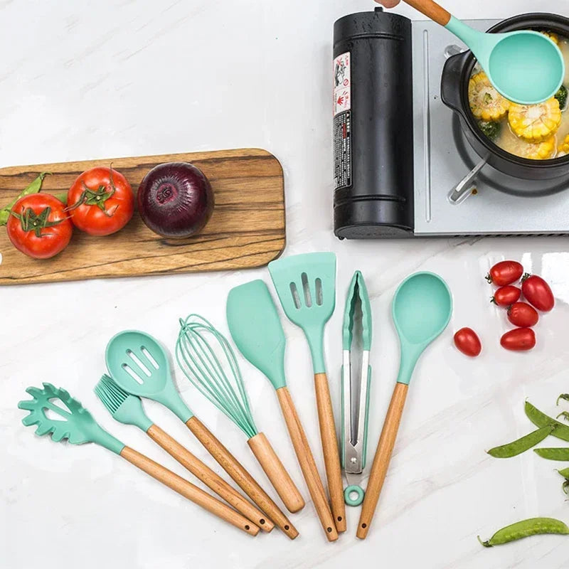Silicone Cooking Utensils Set - 12 Pieces with Wooden Handles