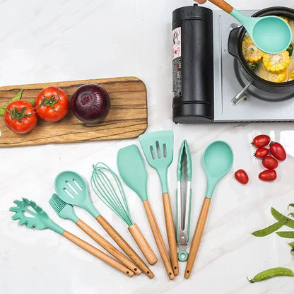 Silicone Cooking Utensils Set - 12 Pieces with Wooden Handles