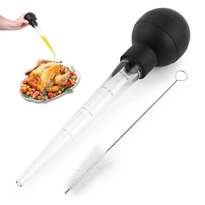 Marinade Injector with 2 Needles & Cleaning Brush | For Liquid & Thick Marinades | Stainless Steel & Silicone