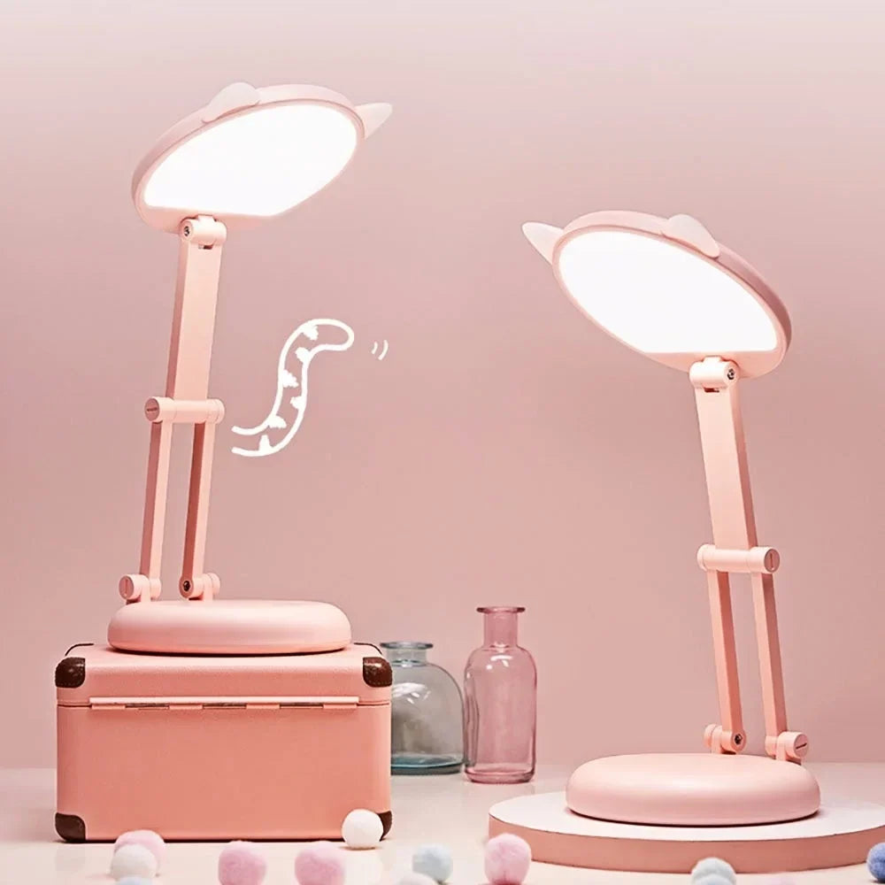 Portable Pink Cat Ear Desk Lamp - Foldable Eye-Caring Night Light for Study