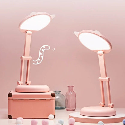 Portable Pink Cat Ear Desk Lamp - Foldable Eye-Caring Night Light for Study