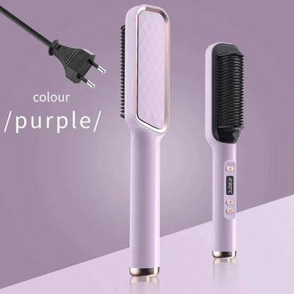 Hair Straightening Brush with LED Temperature Display & Anti-Scald Protection | 360° Rotating Cable