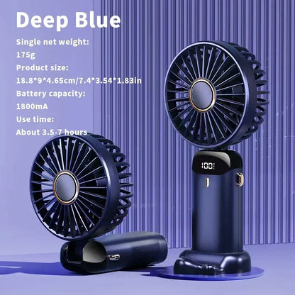 Compact Fan with 5 Speed Settings | 3000 mAh Rechargeable Battery | Foldable Design with LED Display