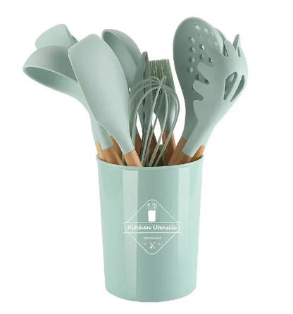 Silicone Cooking Utensils Set - 12 Pieces with Wooden Handles