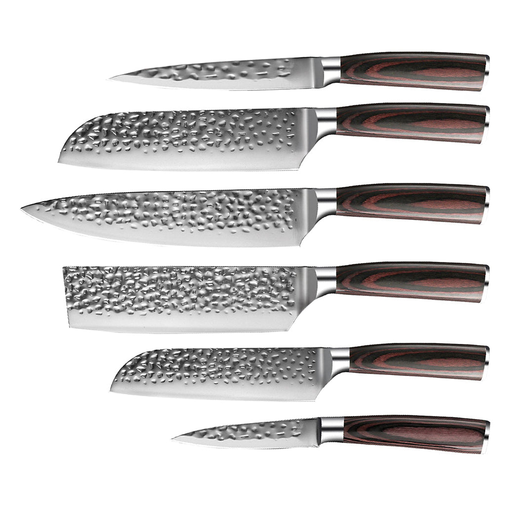 6-Piece Knife Set in Hammered Stainless Steel with Acacia Magnetic Rack