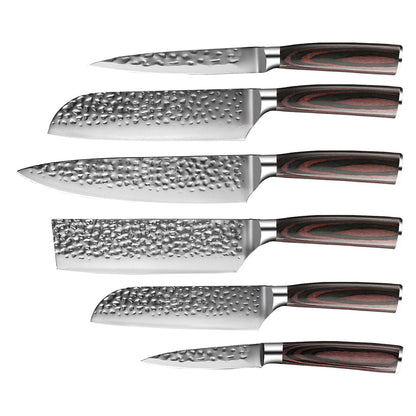 6-Piece Knife Set in Hammered Stainless Steel with Acacia Magnetic Rack