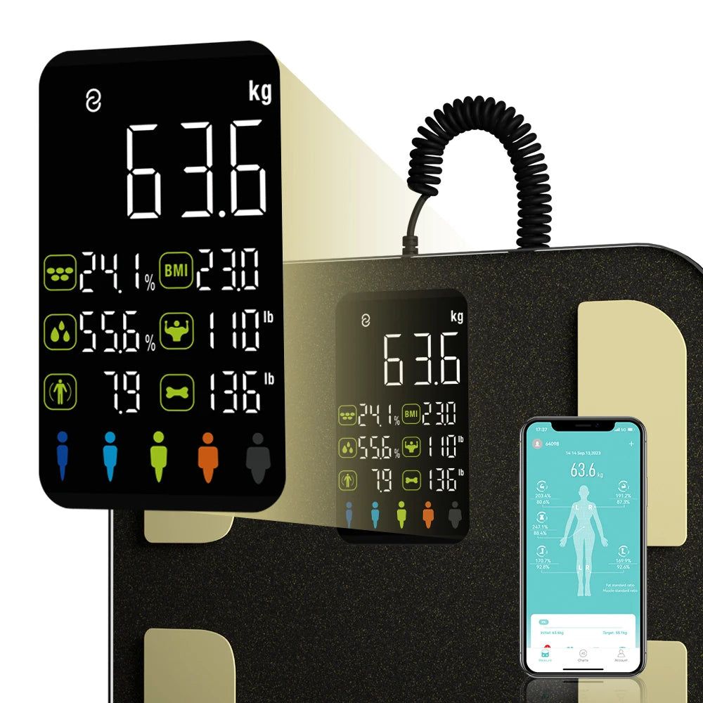 Smart Body Composition Scale with 8 Electrodes, Color Display & App Sync – 400 lb Capacity, Retractable Handle, Dual-Frequency BIA