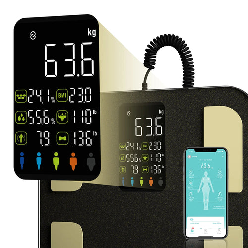 Smart Body Composition Scale with 8 Electrodes, Color Display & App Sync – 400 lb Capacity, Retractable Handle, Dual-Frequency BIA