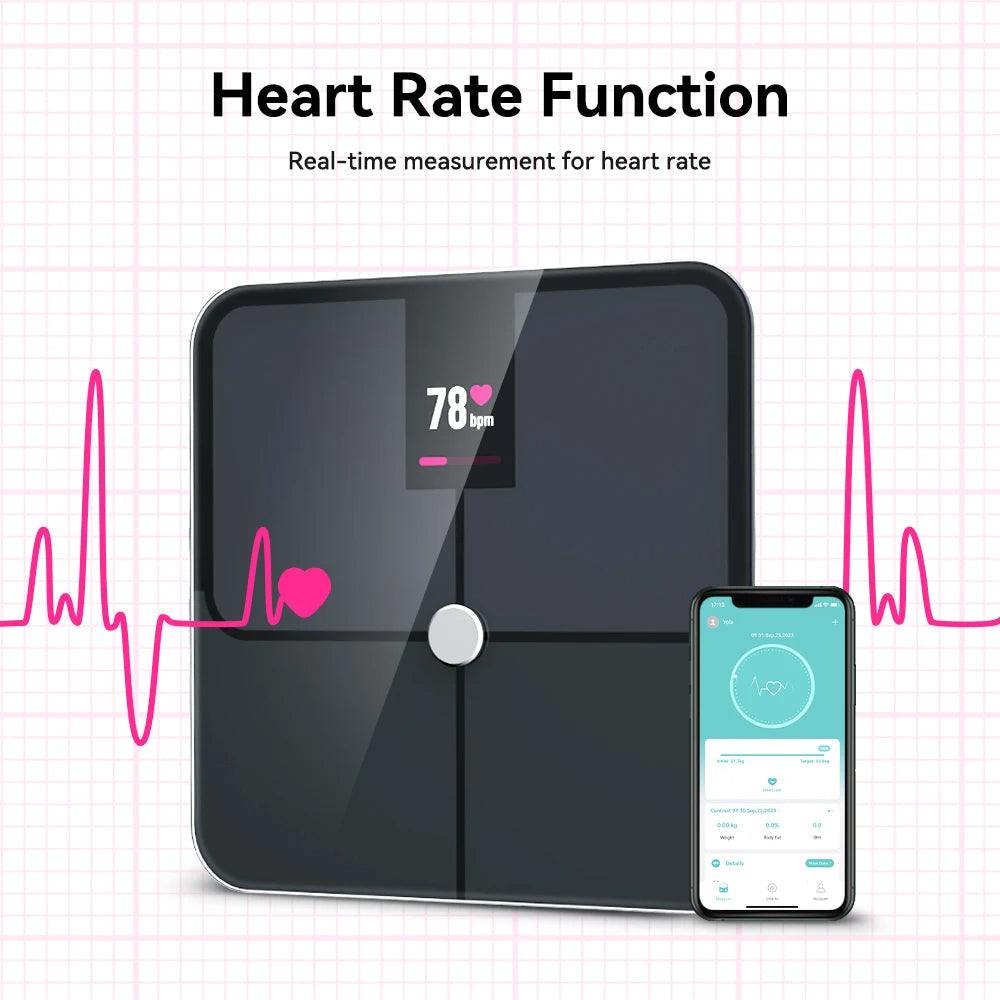 Body Composition Scale with TFT Display | 16 Measurements, Heart Rate, Bluetooth Sync, Tempered Glass, 400 lb Limit