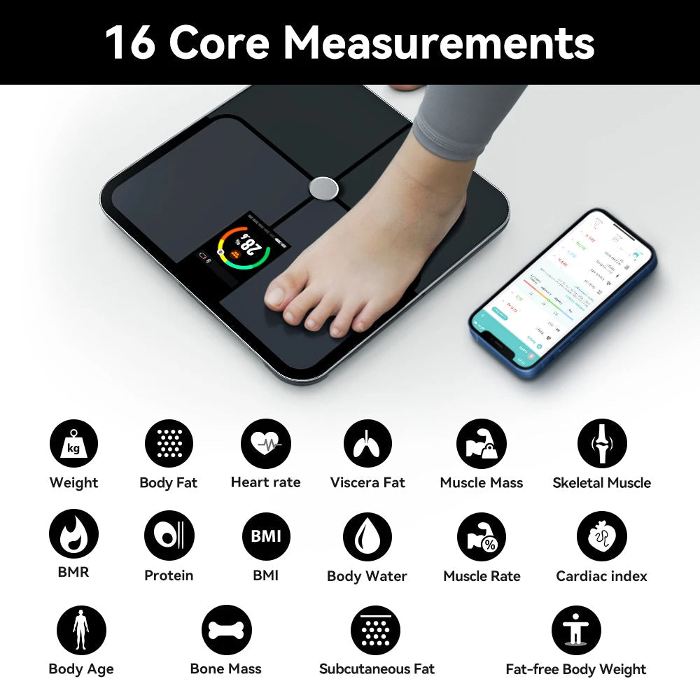 Body Composition Scale with TFT Display | 16 Measurements, Heart Rate, Bluetooth Sync, Tempered Glass, 400 lb Limit