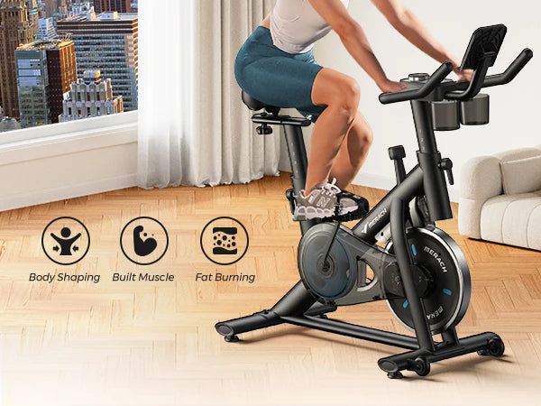 Indoor Cycling Bicycle with 15 lb Flywheel | Bluetooth Sync, Quiet Drive, LED Display & 300 lb Weight Limit