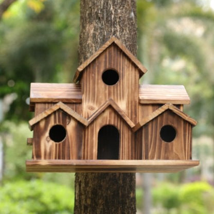 Handcrafted Wooden Birdhouse with 6 Entrances for the Garden