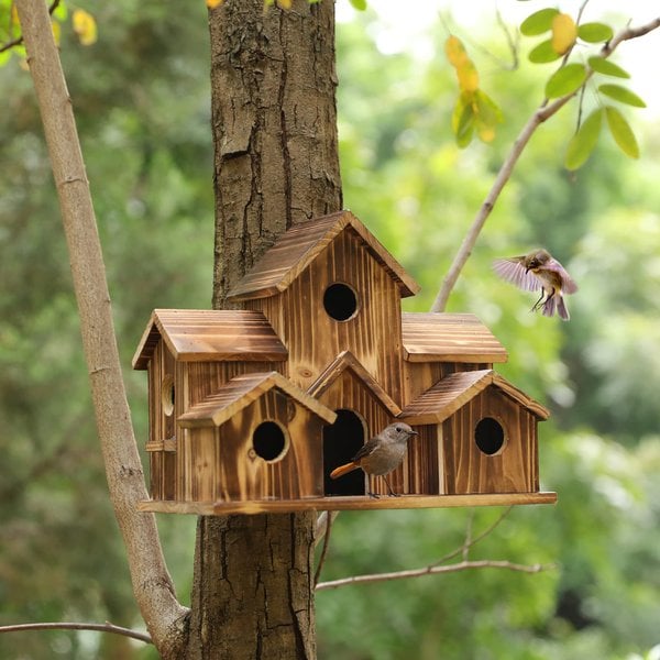 Handcrafted Wooden Birdhouse with 6 Entrances for the Garden