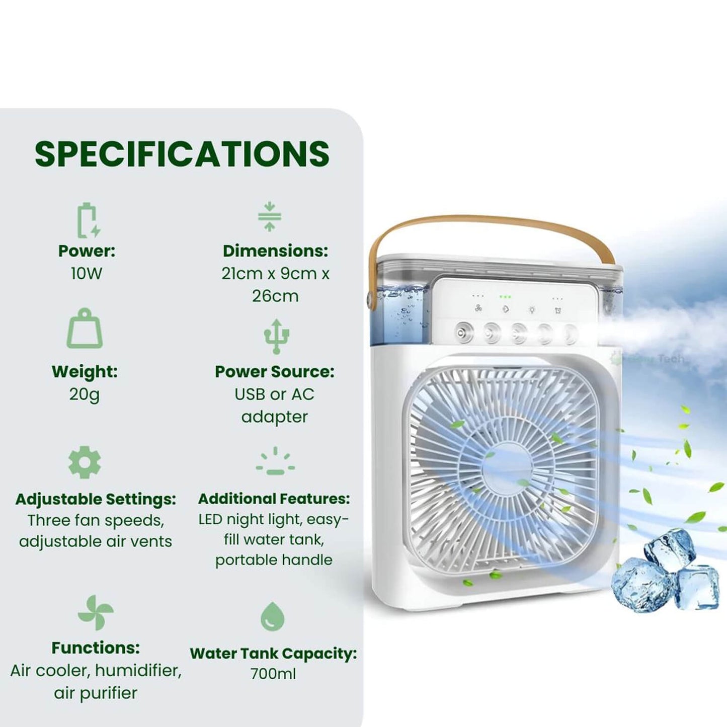 Portable 3-in-1 Air Cooler and Humidifier with Adjustable Fan Speeds