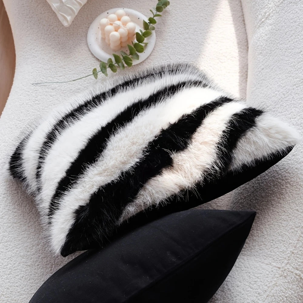 Chic Striped Faux Fur Throw Pillow Cover