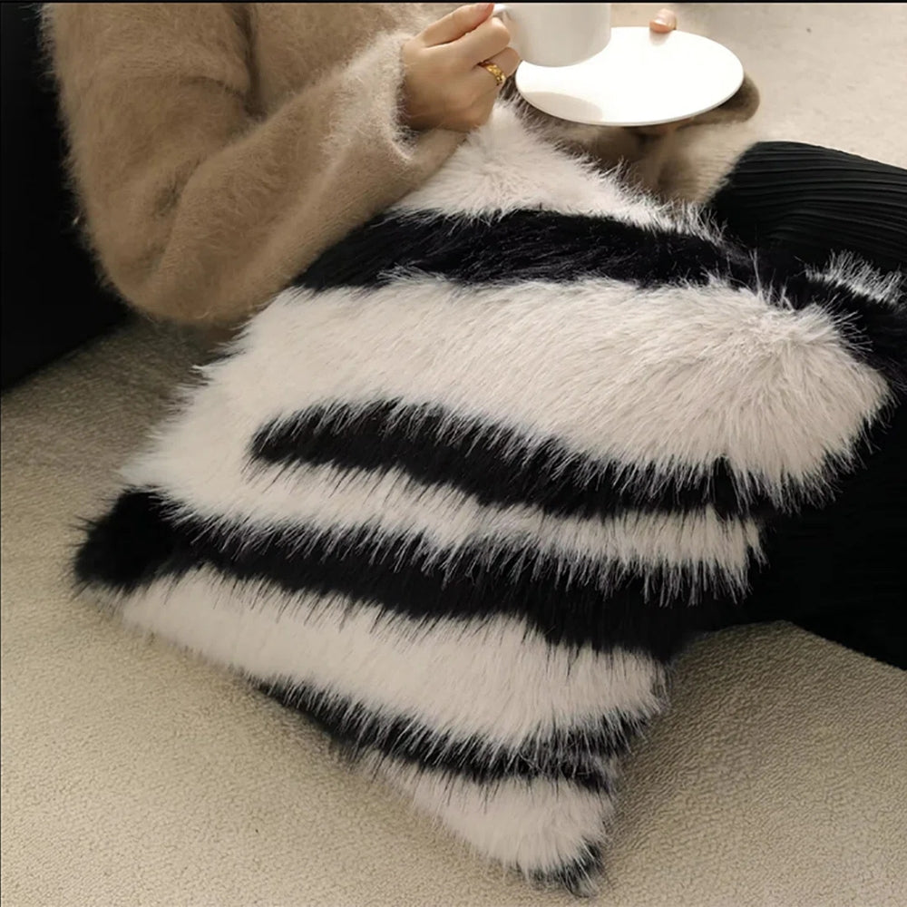 Chic Striped Faux Fur Throw Pillow Cover