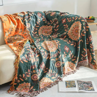 Chic Reversible Cotton Throw Blanket with Floral Design