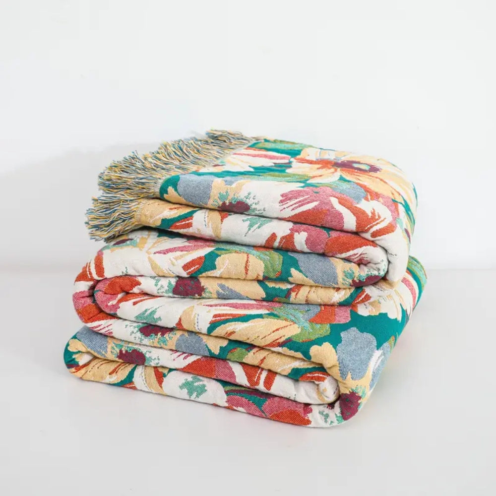 Vibrant Blossom Cotton Throw Blanket with Chic Tassels