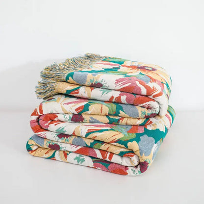 Vibrant Blossom Cotton Throw Blanket with Chic Tassels