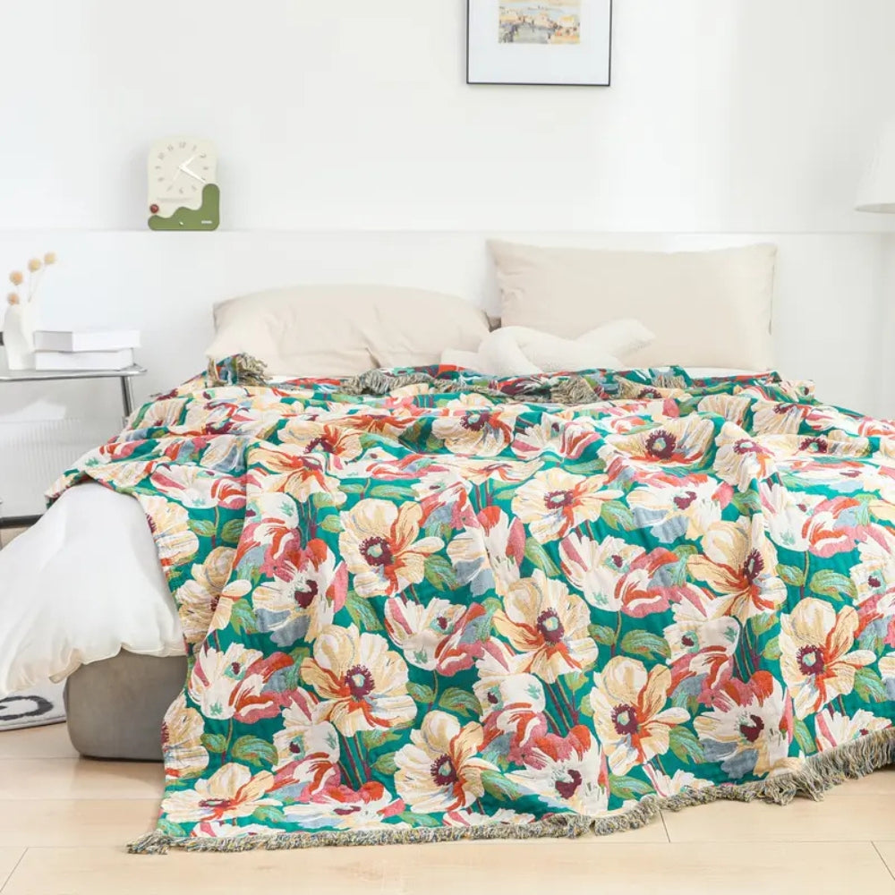 Vibrant Blossom Cotton Throw Blanket with Chic Tassels