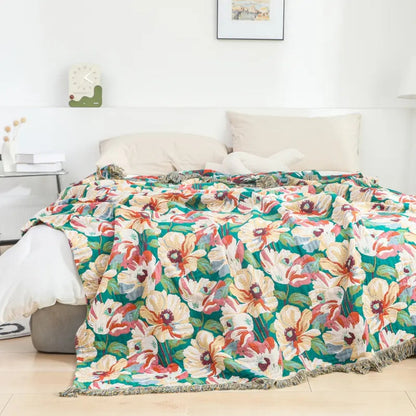 Vibrant Blossom Cotton Throw Blanket with Chic Tassels
