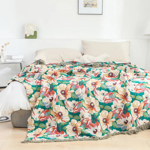 Vibrant Blossom Cotton Throw Blanket with Chic Tassels