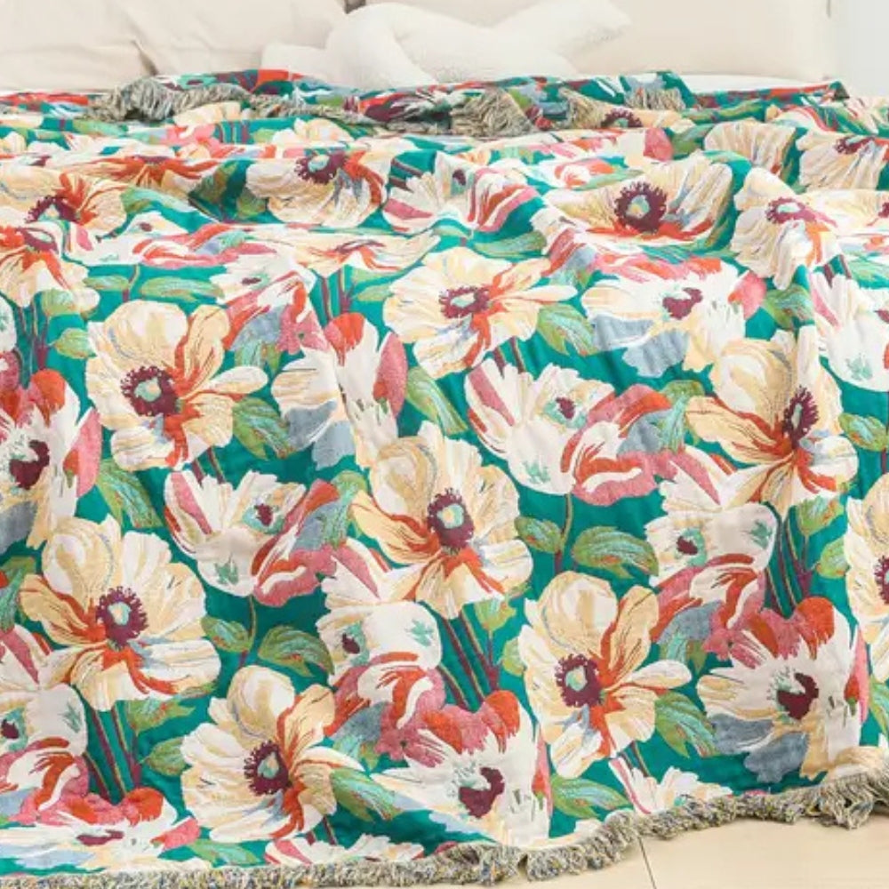 Vibrant Blossom Cotton Throw Blanket with Chic Tassels