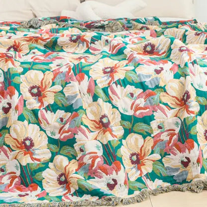 Vibrant Blossom Cotton Throw Blanket with Chic Tassels