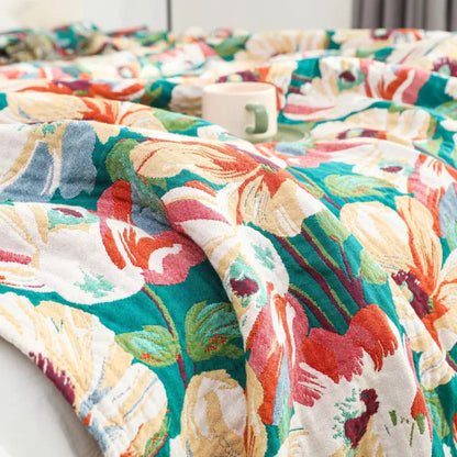 Vibrant Blossom Cotton Throw Blanket with Chic Tassels