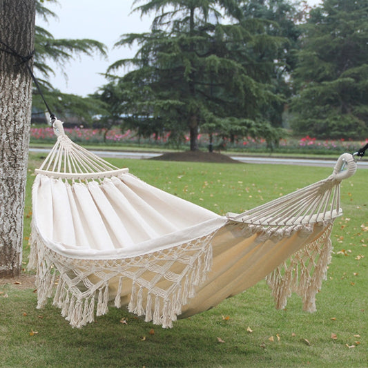 Double Canvas Hammock with Tassels and Stick for Outdoor Camping - 200x150cm (White)