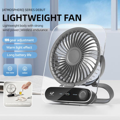 Wall-Mounted Desktop Fan with 199 Speeds, Handle, Light, and Aromatherapy Cotton (Clear Black)