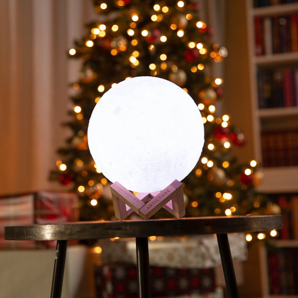 Moon Lamp in 3D Design with Wooden Stand