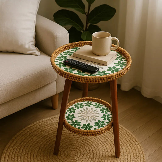 Artistic Mosaic Pattern Double Side Table - Rattan and Wood Design