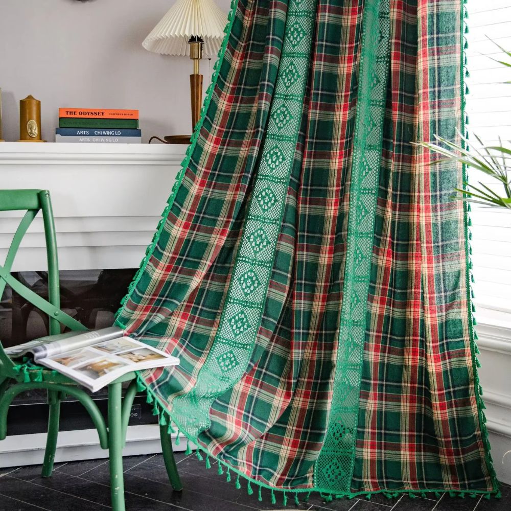 Charming Tartan Lace Trimmed Curtain for Cozy Ambiance
