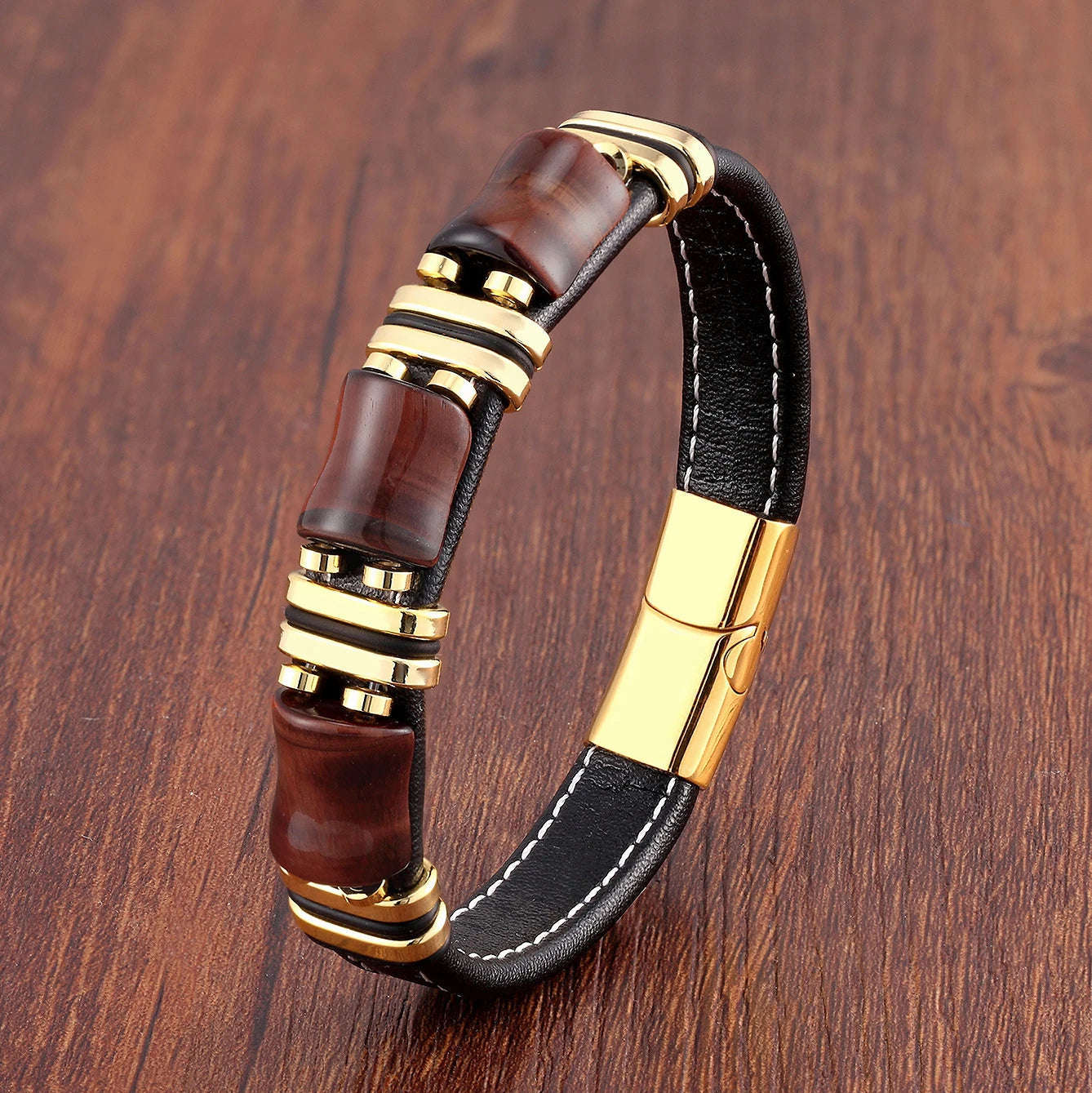 Tiger Eye Leather Bracelet with Natural Stones and Stainless Steel Details